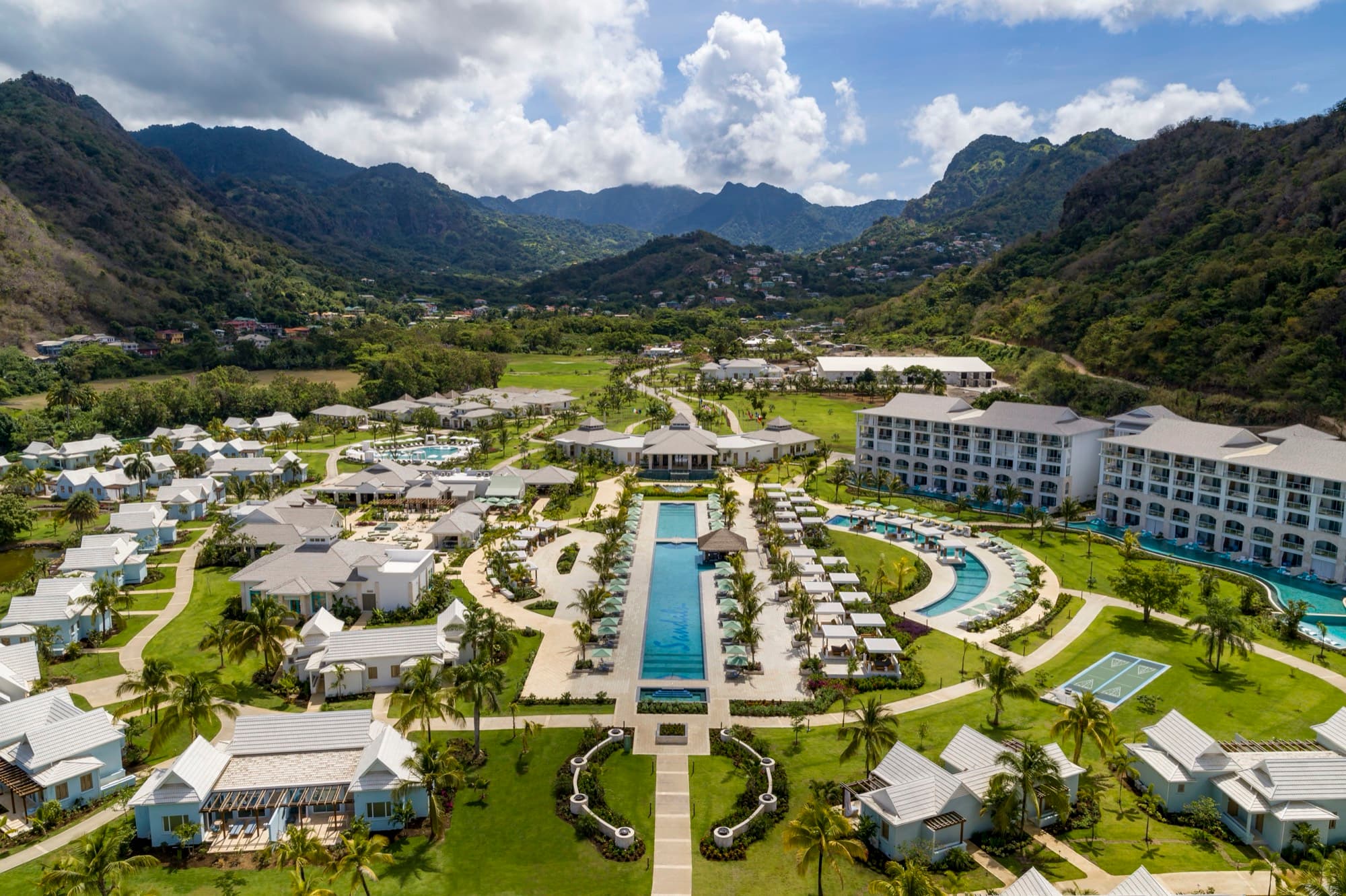 Main pool and mountains at Sandals Saint Vincent from above